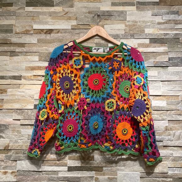 Vintage MY Beaded Crochet Top | Boho Festival Knit, Rainbow Mandala, Y2K (S-L) - Picture 1 of 7